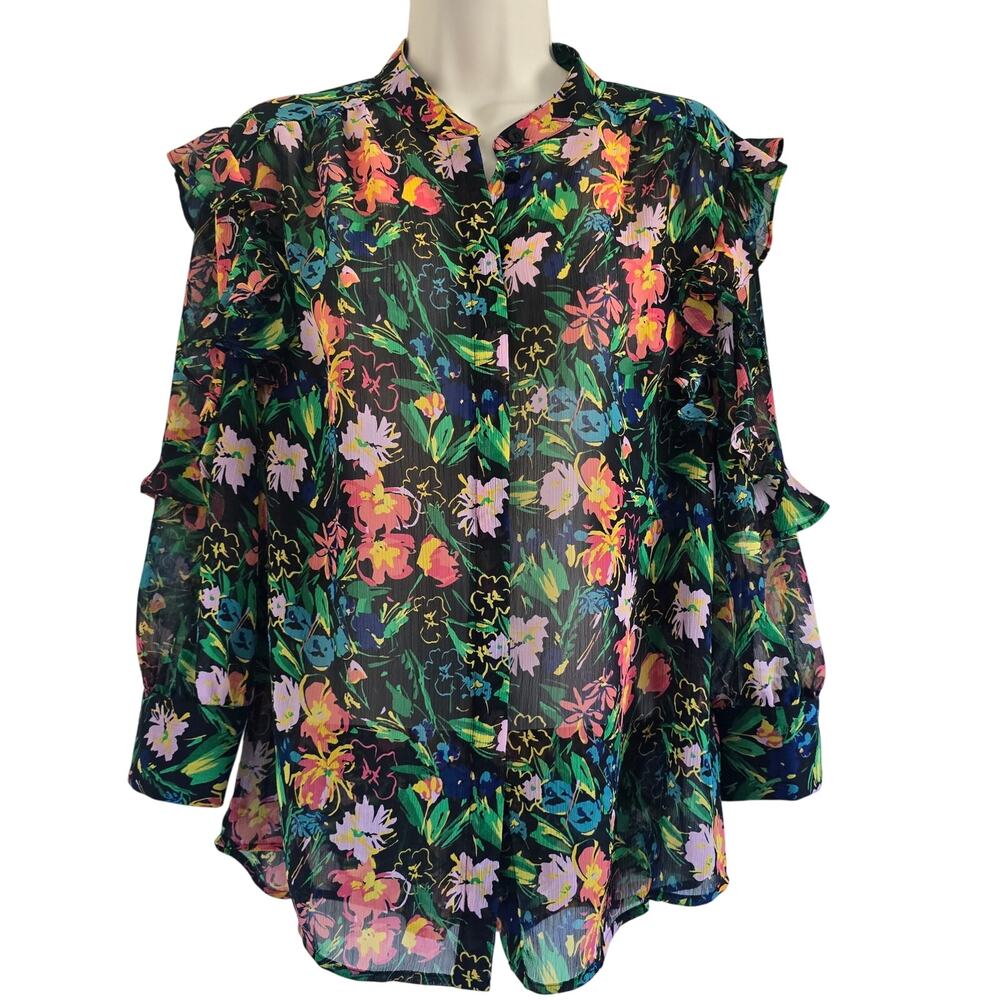 Ted Baker Semi-Sheer Floral Ruffle Blouse Top Size US 6 (Tag size 2) Black - Picture 3 of 9